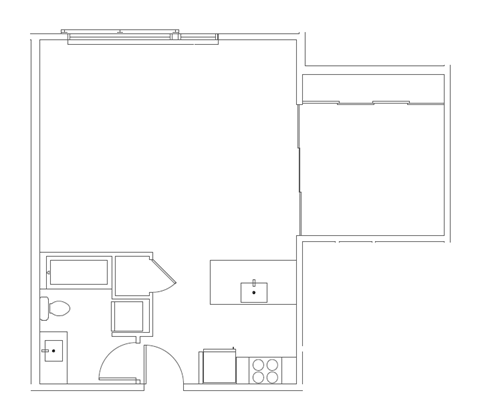 Floor plan for 1 bed, 1 bath, 669 sqft